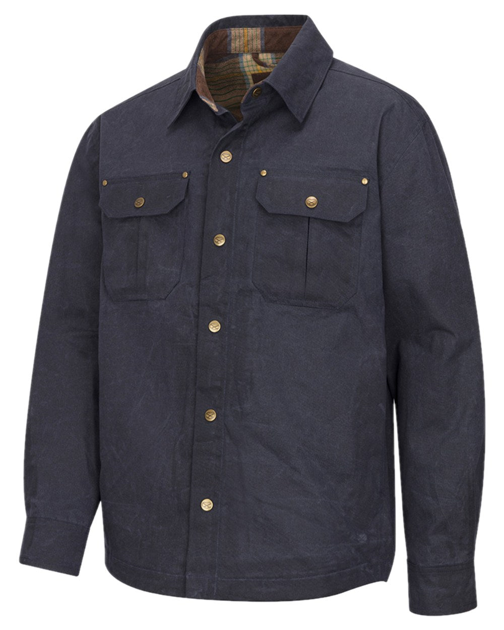 Midnight Navy Coloured Hoggs of Fife Mens Huntly Waxed Canvas Utility Overshirt on white background 