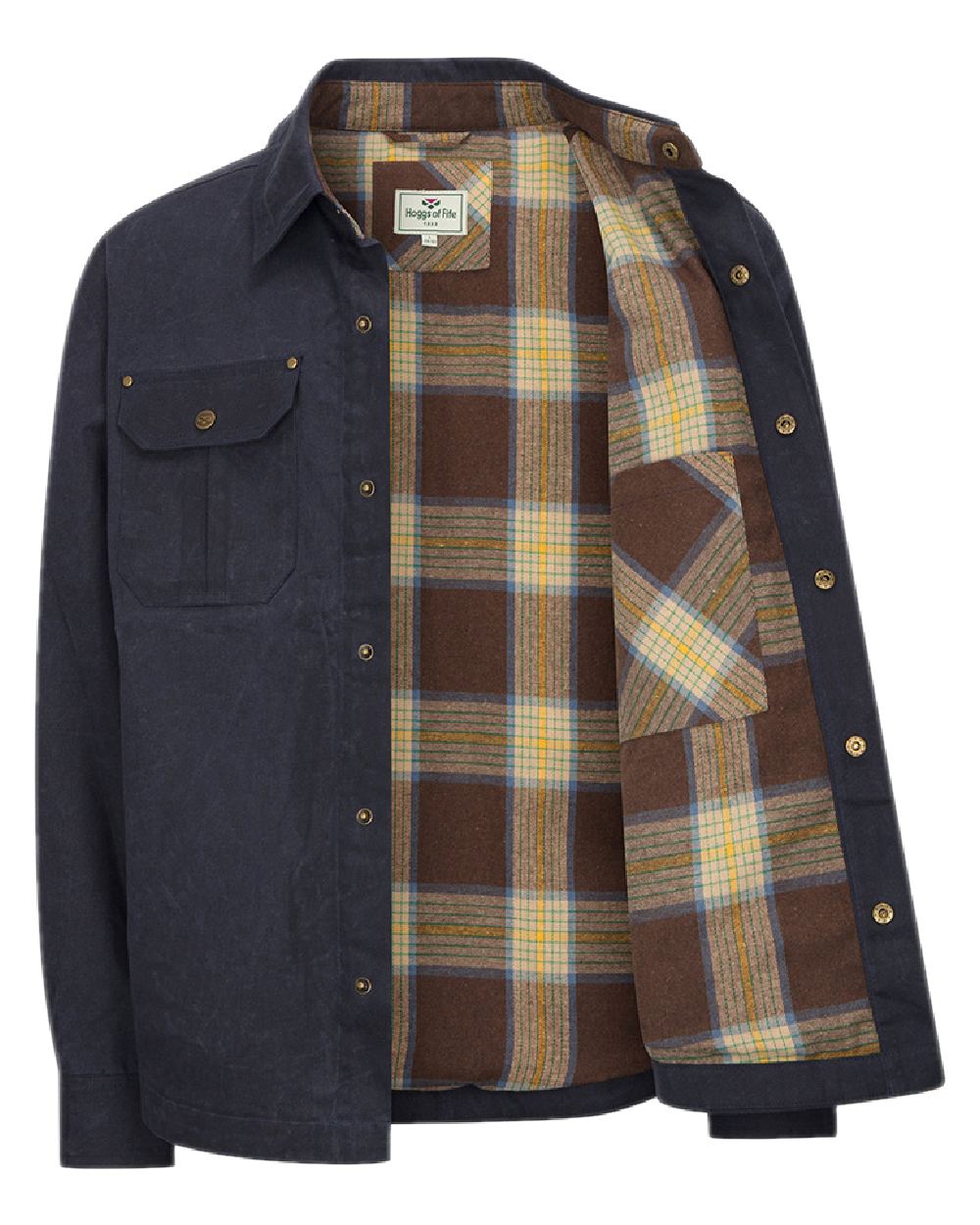 Midnight Navy Coloured Hoggs of Fife Mens Huntly Waxed Canvas Utility Overshirt on white background 