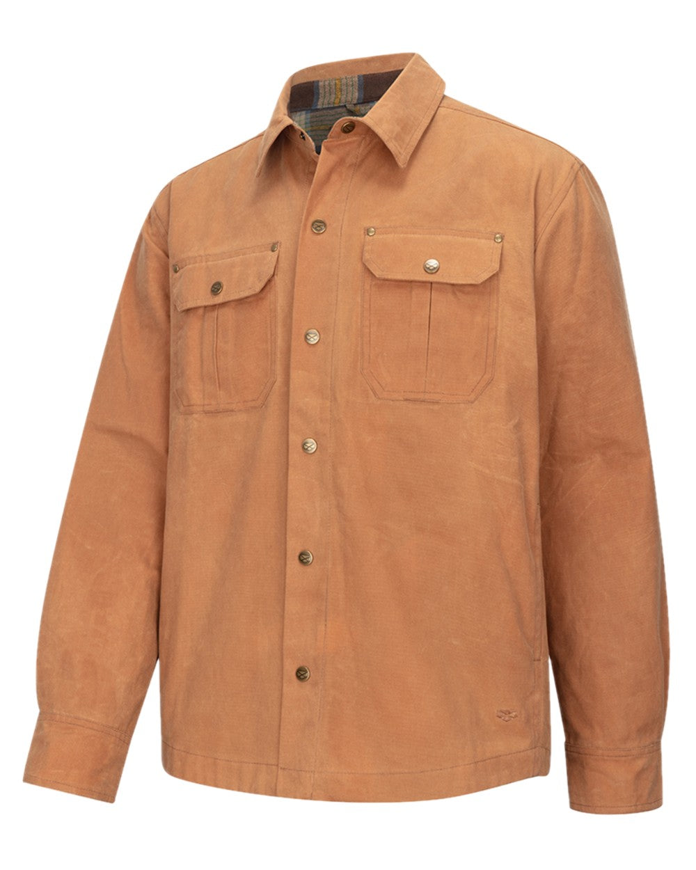 Tan Coloured Hoggs of Fife Mens Huntly Waxed Canvas Utility Overshirt on white background 