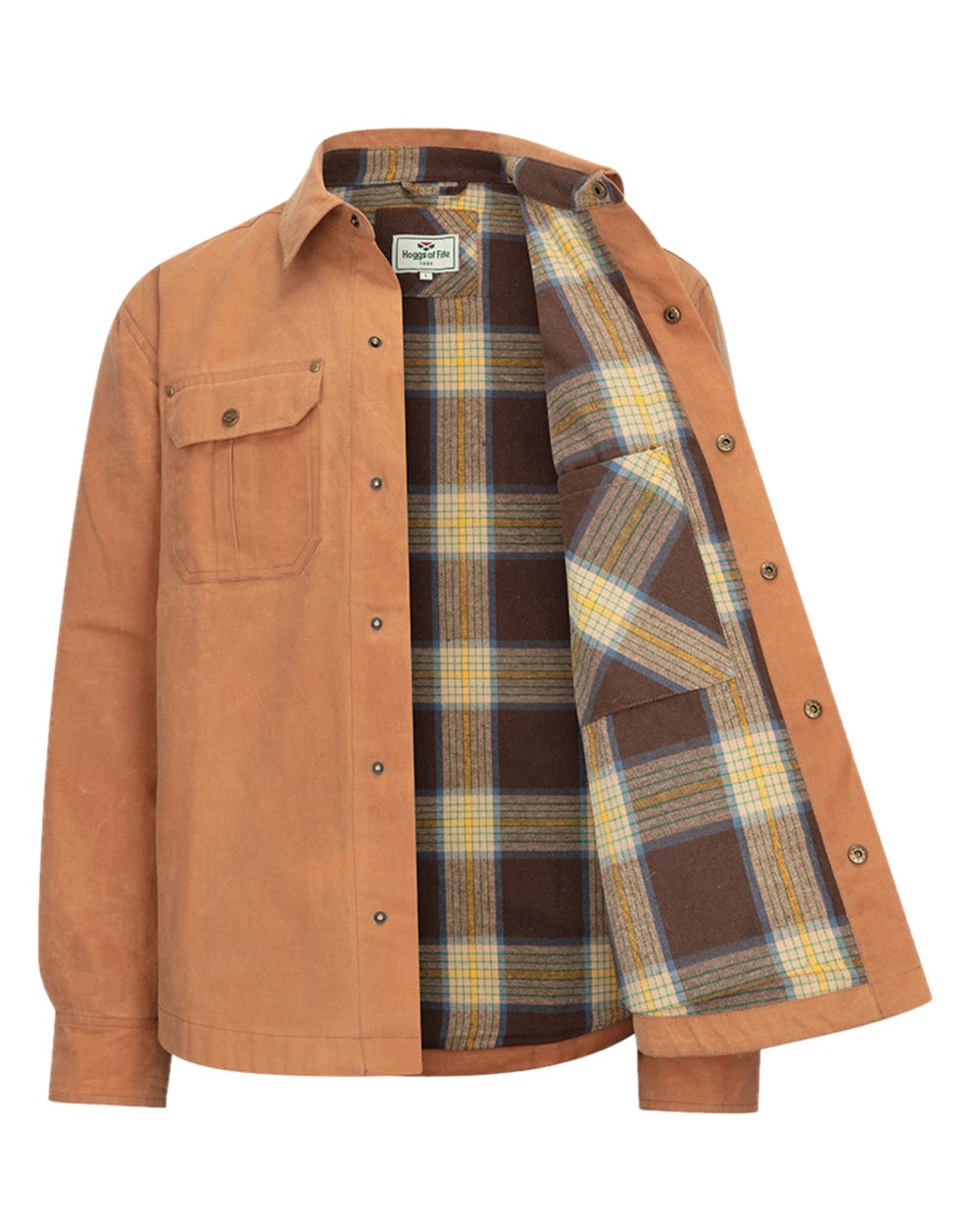 Tan Coloured Hoggs of Fife Mens Huntly Waxed Canvas Utility Overshirt on white background 