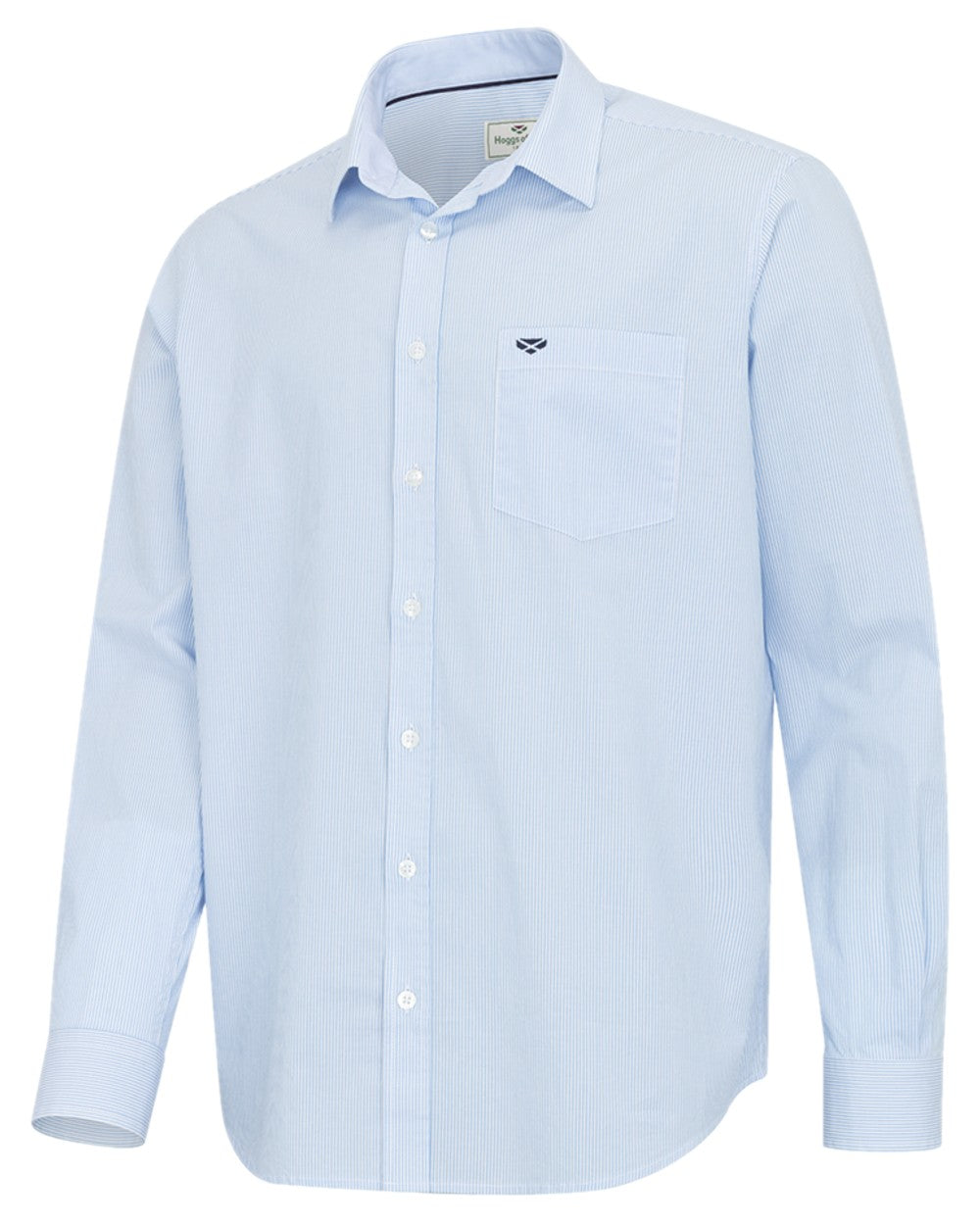 Blue White Coloured Hoggs of Fife Mens Ingliston Stretch Stripe Shirt on white background 