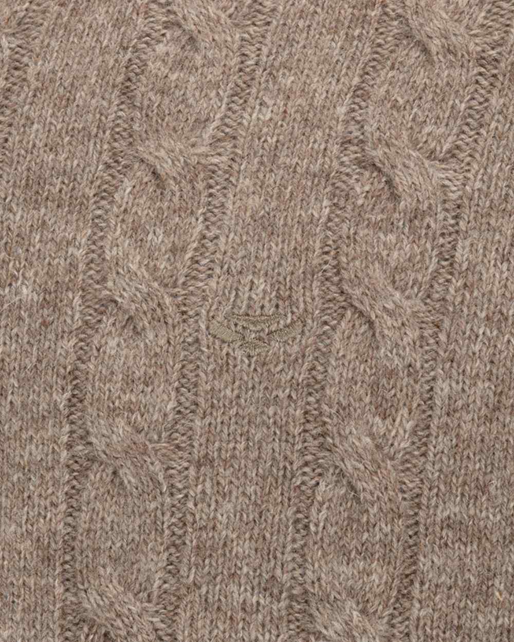 Oatmeal Marl Coloured Hoggs of Fife Mens Jedburgh II Cable Pullover on outdoor background 