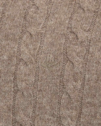 Oatmeal Marl Coloured Hoggs of Fife Mens Jedburgh II Cable Pullover on outdoor background 