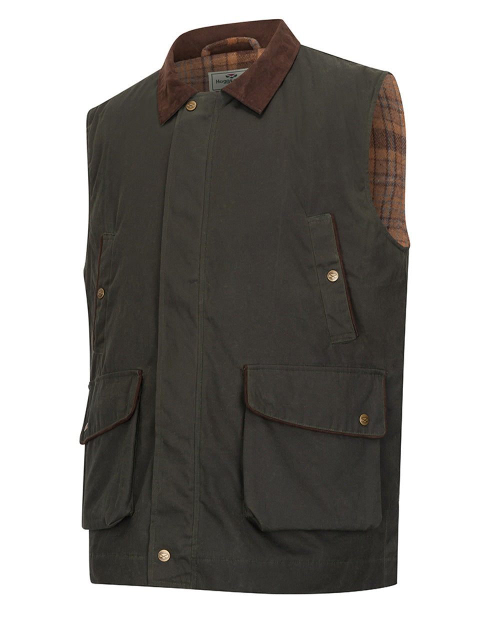 Olive Coloured Hoggs of Fife Mens Maxton Padded Waxed Waistcoat on white background 