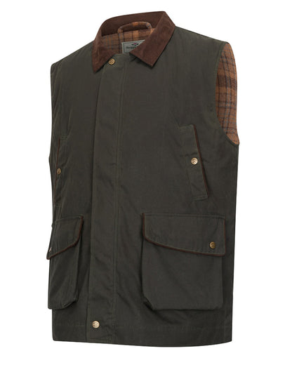 Olive Coloured Hoggs of Fife Mens Maxton Padded Waxed Waistcoat on white background 
