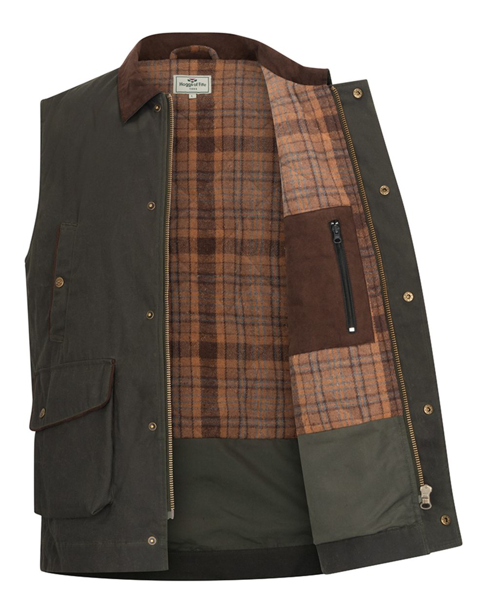Olive Coloured Hoggs of Fife Mens Maxton Padded Waxed Waistcoat on white background 