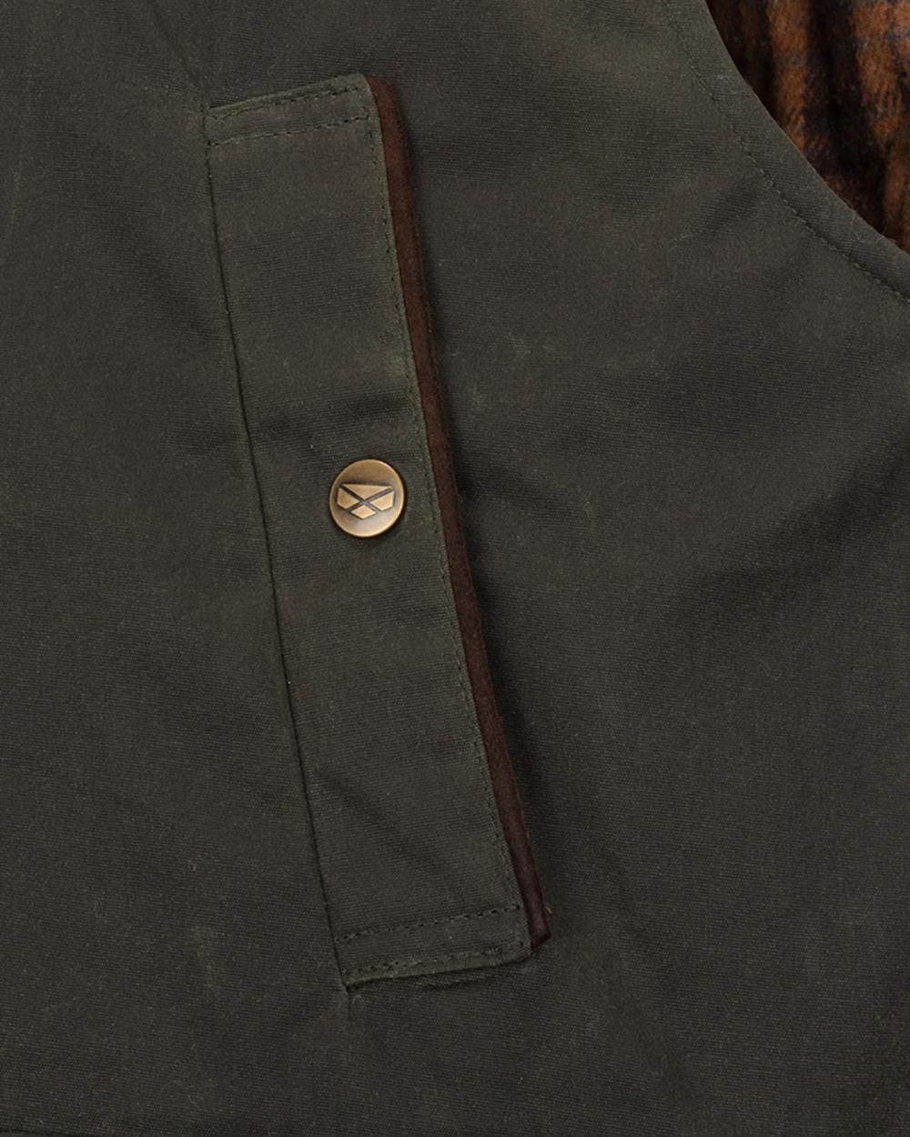 Olive Coloured Hoggs of Fife Mens Maxton Padded Waxed Waistcoat on white background 