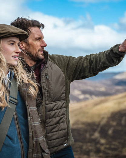 Juniper Marl Coloured Hoggs of Fife Mens Melville Hybrid Jacket on sky background 