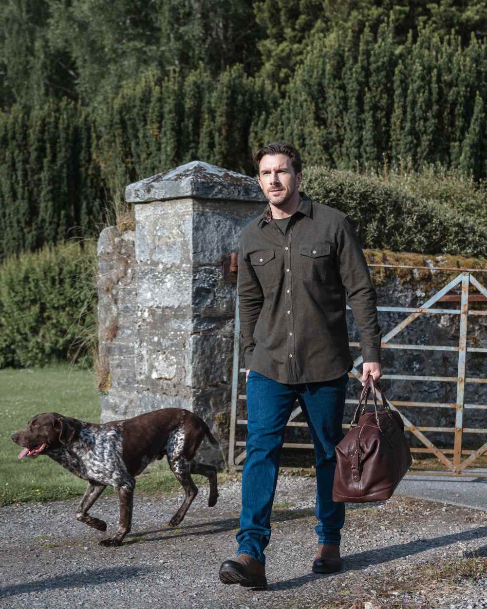 Loden Marl Coloured Hoggs of Fife Mens Moy Moleskin Shirt on outdoor background 