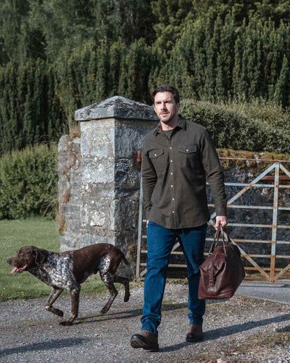 Loden Marl Coloured Hoggs of Fife Mens Moy Moleskin Shirt on outdoor background 