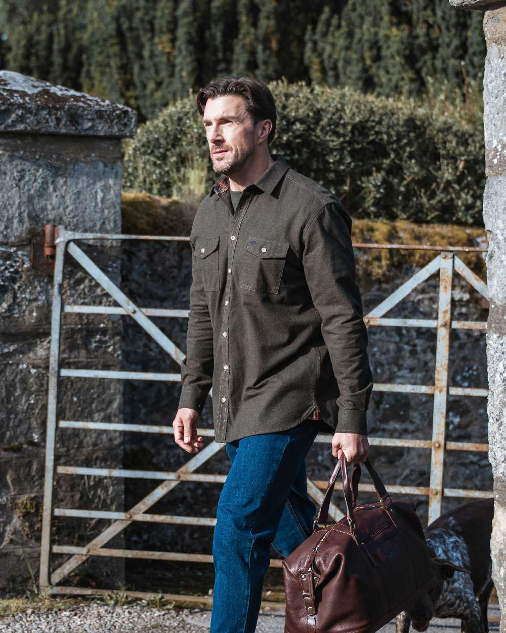 Loden Marl Coloured Hoggs of Fife Mens Moy Moleskin Shirt on outdoor background 