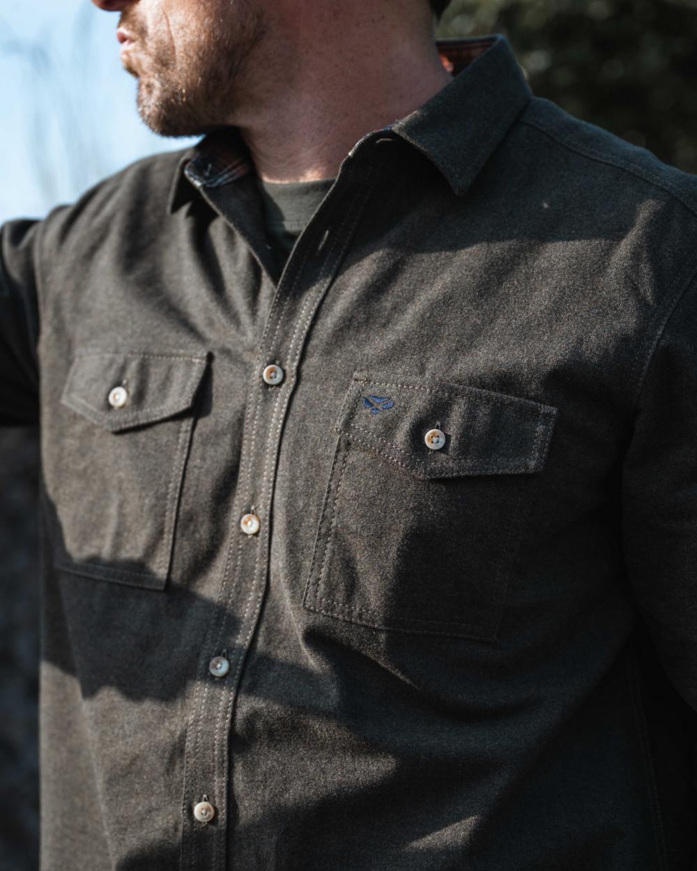 Loden Marl Coloured Hoggs of Fife Mens Moy Moleskin Shirt on outdoor background 
