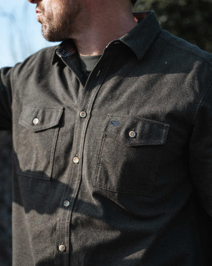 Loden Marl Coloured Hoggs of Fife Mens Moy Moleskin Shirt on outdoor background 