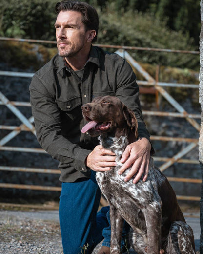 Loden Marl Coloured Hoggs of Fife Mens Moy Moleskin Shirt on outdoor background 