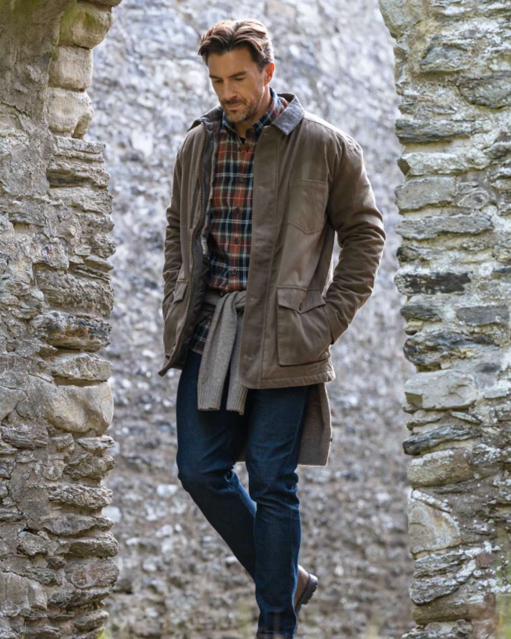 Green Rust Check Coloured Hoggs of Fife Mens Pitcairn Flannel Check Shirt on outdoor background 