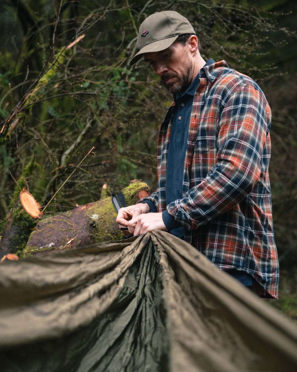 Green Rust Check Coloured Hoggs of Fife Mens Pitcairn Flannel Check Shirt on forest background 