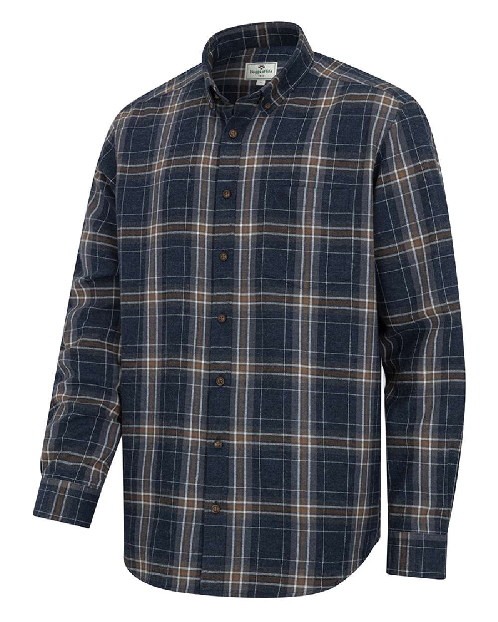Blue Brown White coloured Hoggs of Fife Pitlessie Button Down Flannel Shirt on white background 