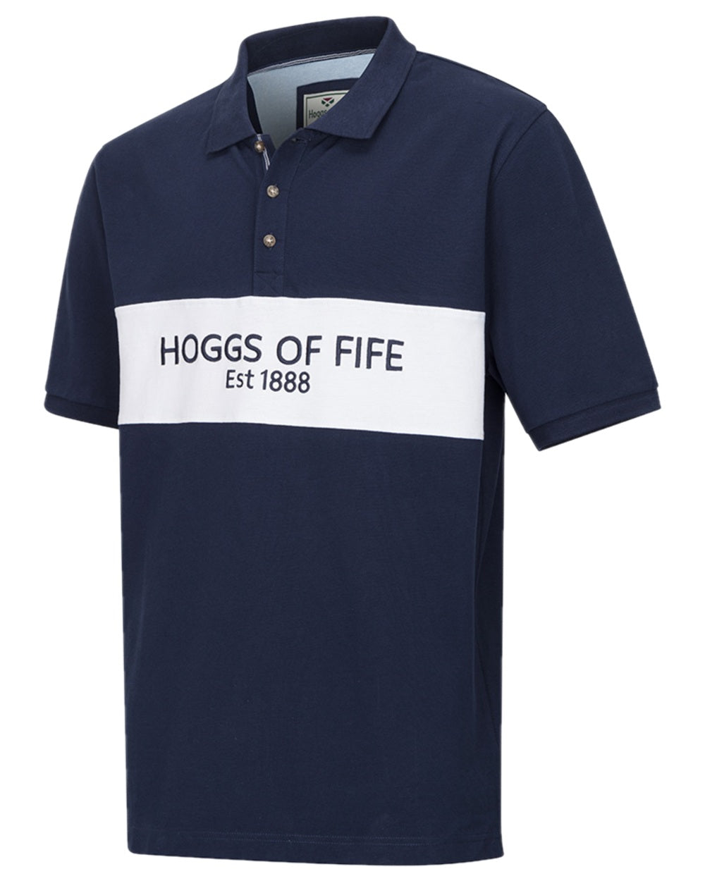 Navy Coloured Hoggs of Fife Mens Stewart Block Pique Polo Shirt on white background 