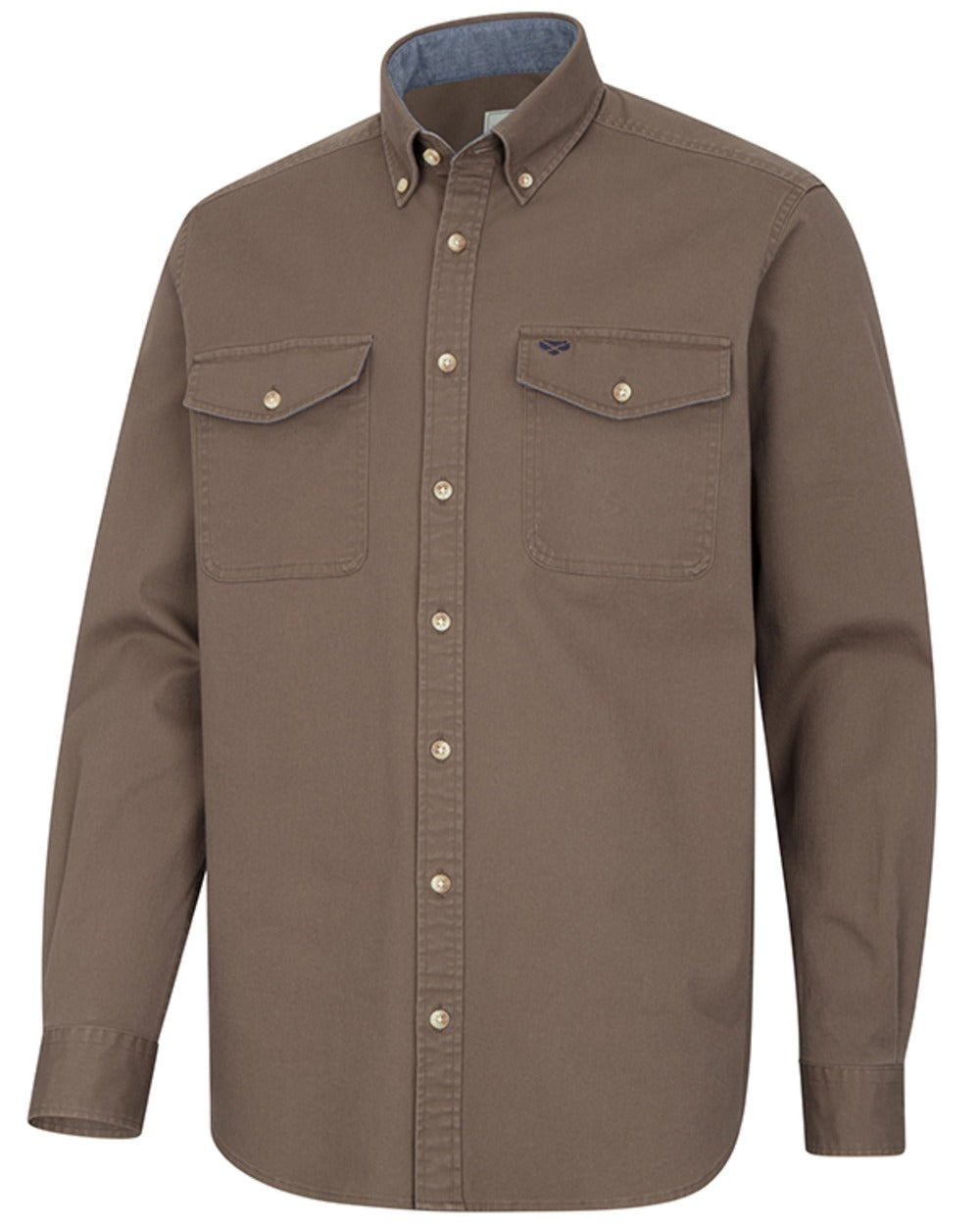 Khaki Green coloured Hoggs of Fife Mens Thornton Twill Shirt on white background 