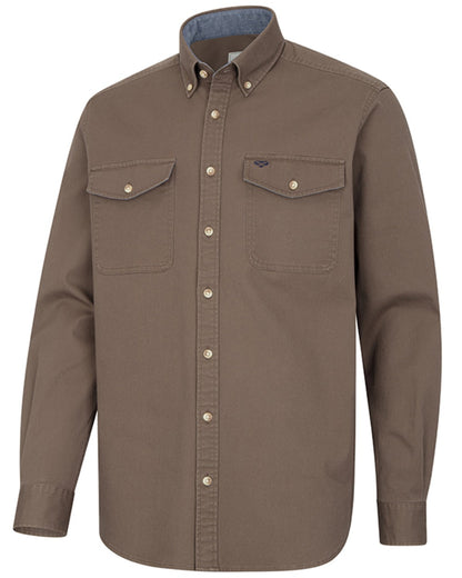 Khaki Green coloured Hoggs of Fife Mens Thornton Twill Shirt on white background 