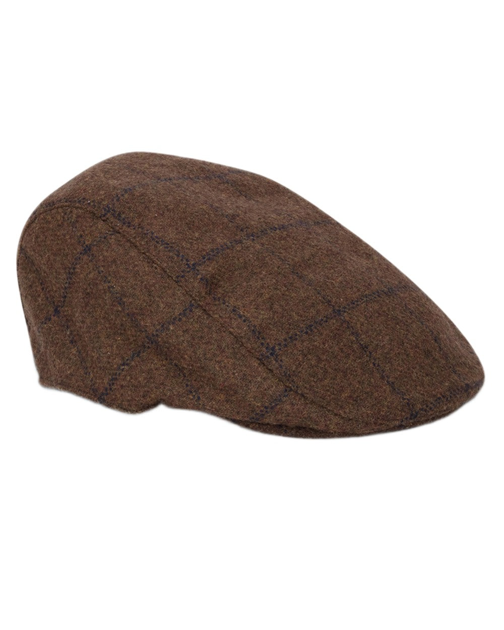 Brown Navy Coloured Hoggs of Fife Mens Windowpane Waterproof Tweed Hat on white background 