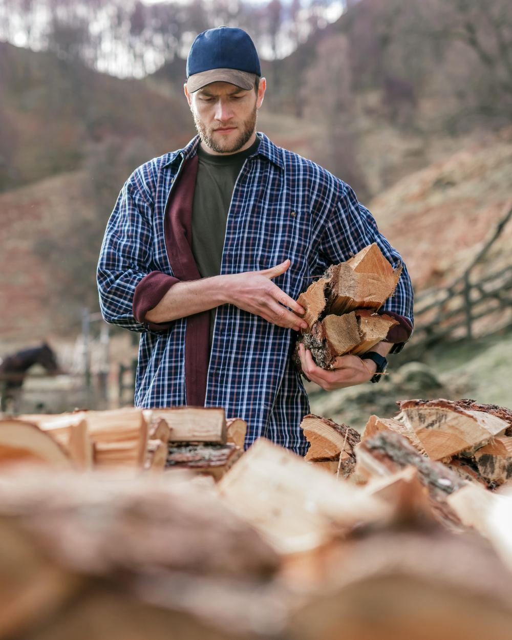 Bark Navy Brown Check Coloured Hoggs of Fife Micro Fleece Lined Shirt on forest background 