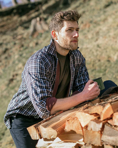 Bark Navy Brown Check Coloured Hoggs of Fife Micro Fleece Lined Shirt on forest background 