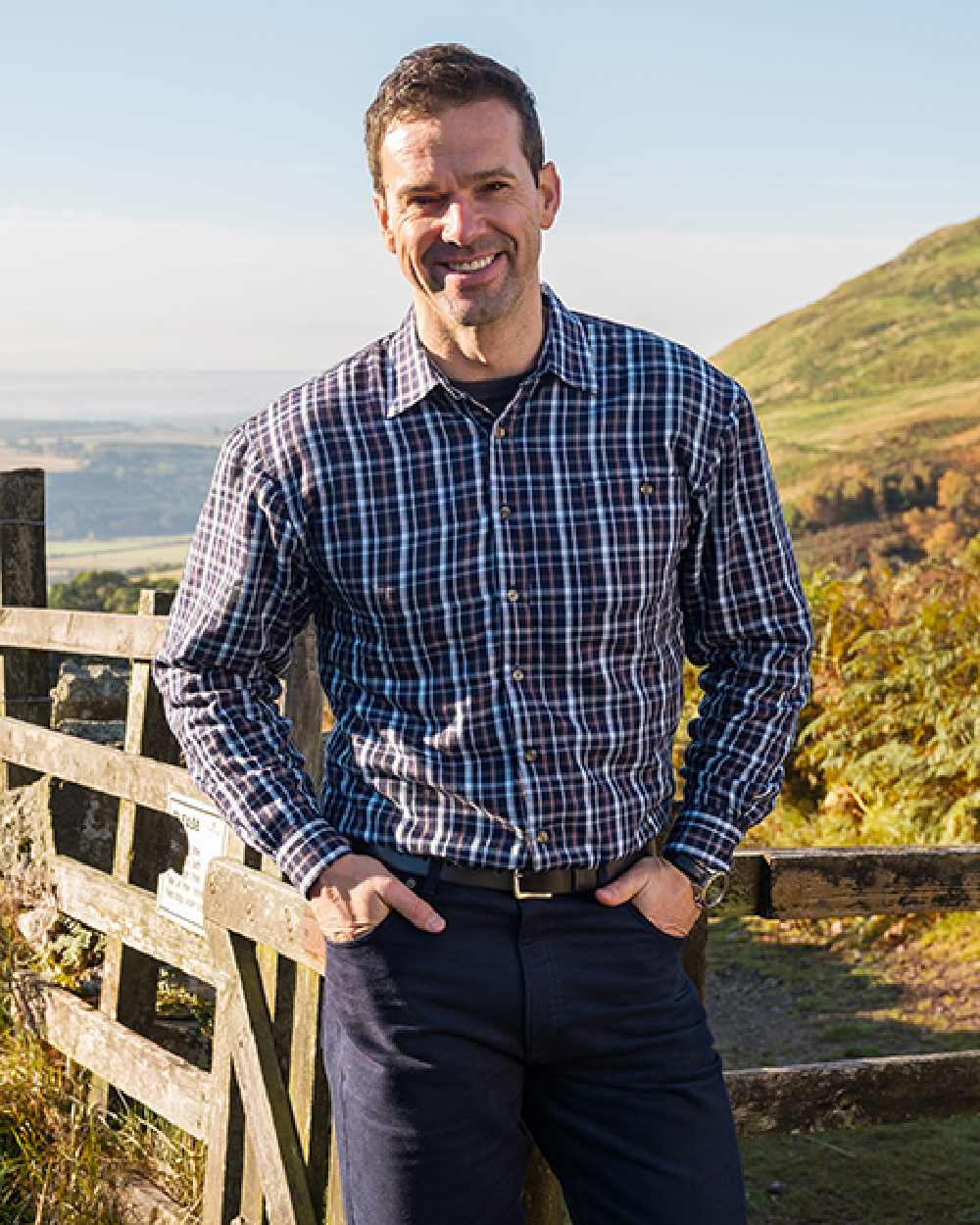 Bark Navy Brown Check Coloured Hoggs of Fife Micro Fleece Lined Shirt on mountain background 