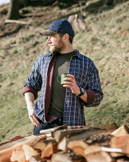 Bark Navy Brown Check Coloured Hoggs of Fife Micro Fleece Lined Shirt on forest background 