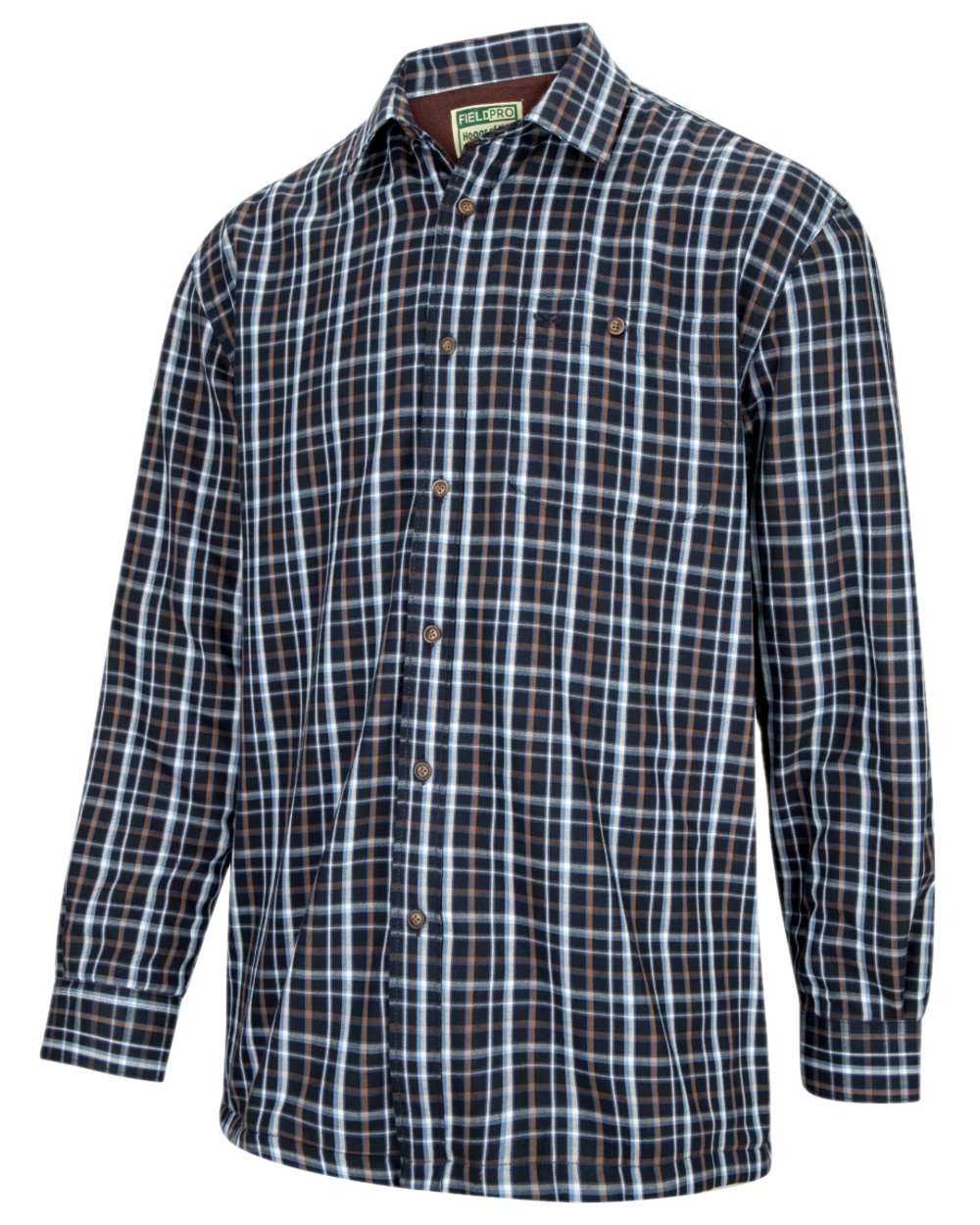 Bark Navy Brown Check Coloured Hoggs of Fife Micro Fleece Lined Shirt on white background 