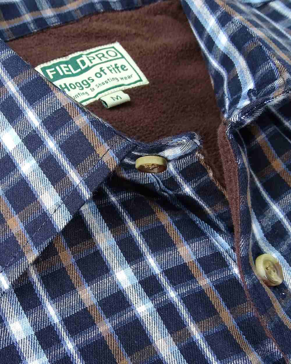 Bark Navy Brown Check Coloured Hoggs of Fife Micro Fleece Lined Shirt on white background 