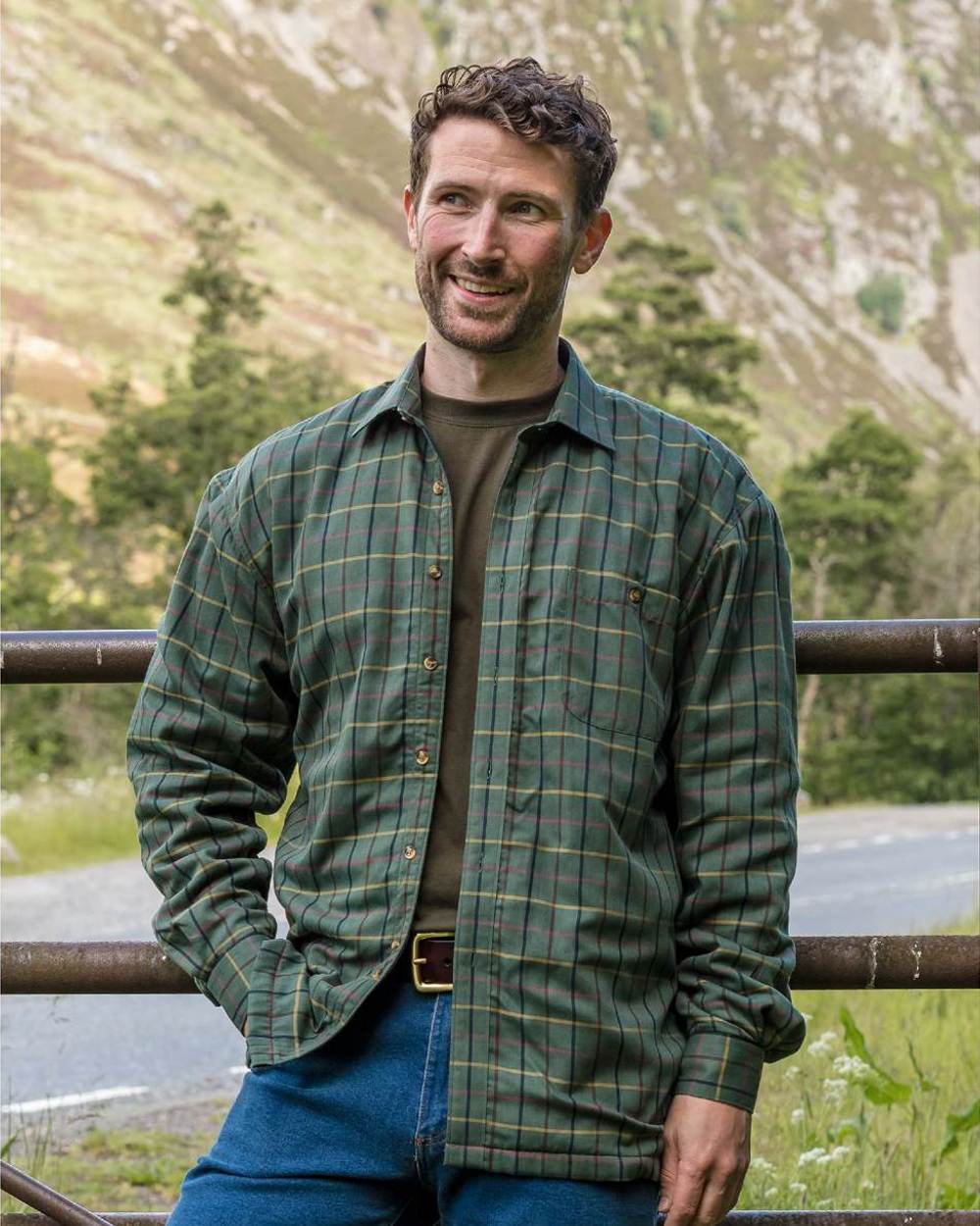 Beech Green Check Coloured Hoggs of Fife Micro Fleece Lined Shirt on mountain background 