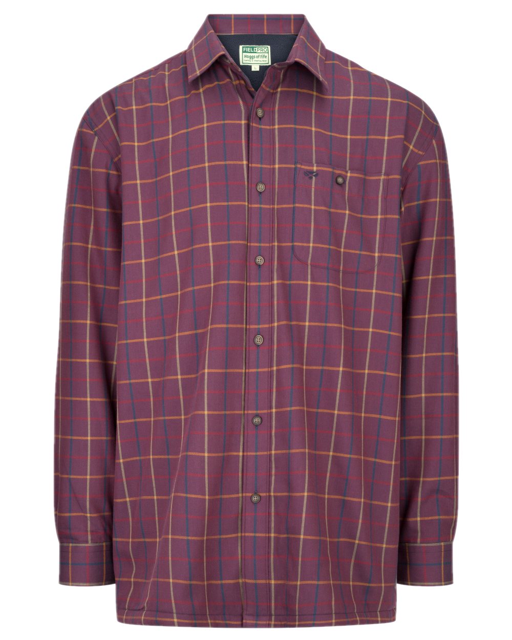 Bramble Wine Check Coloured Hoggs of Fife Micro Fleece Lined Shirt on white background 