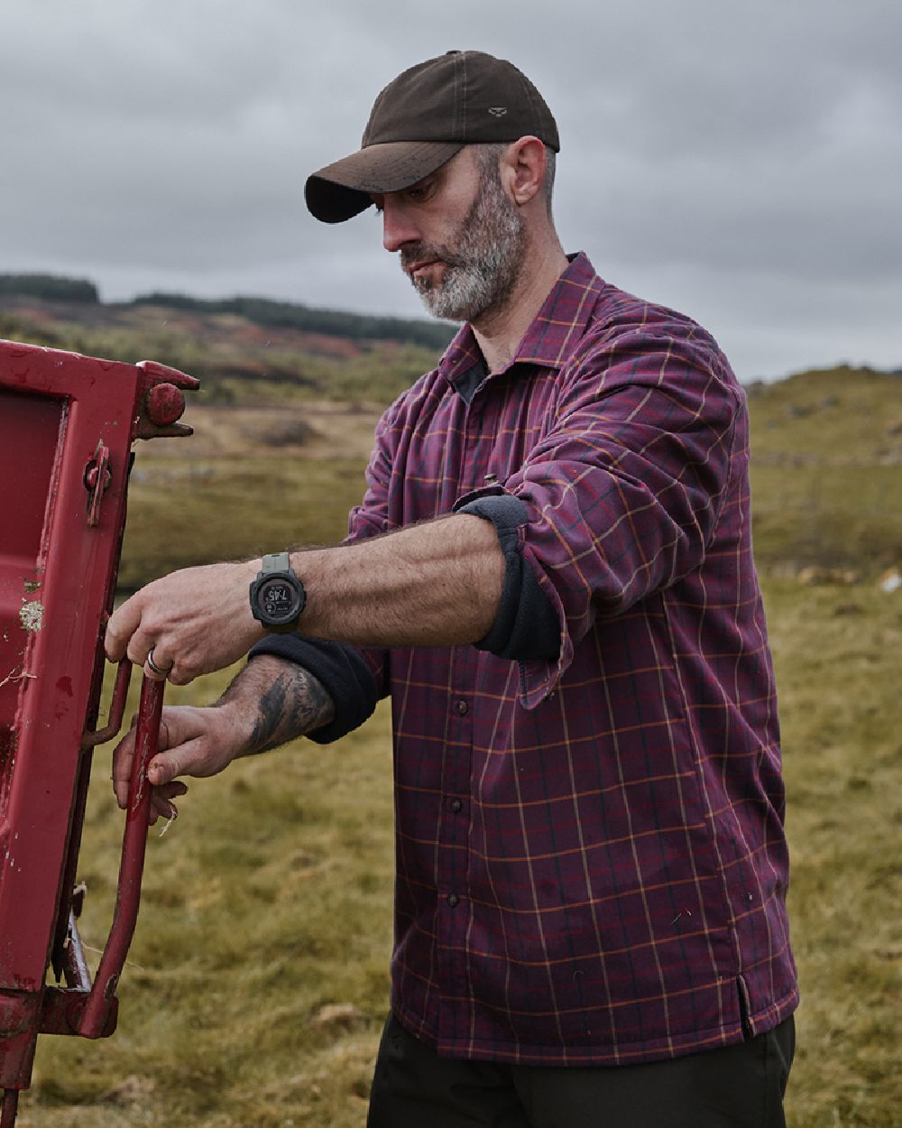 Bramble Wine Check Coloured Hoggs of Fife Micro Fleece Lined Shirt on mountain background 