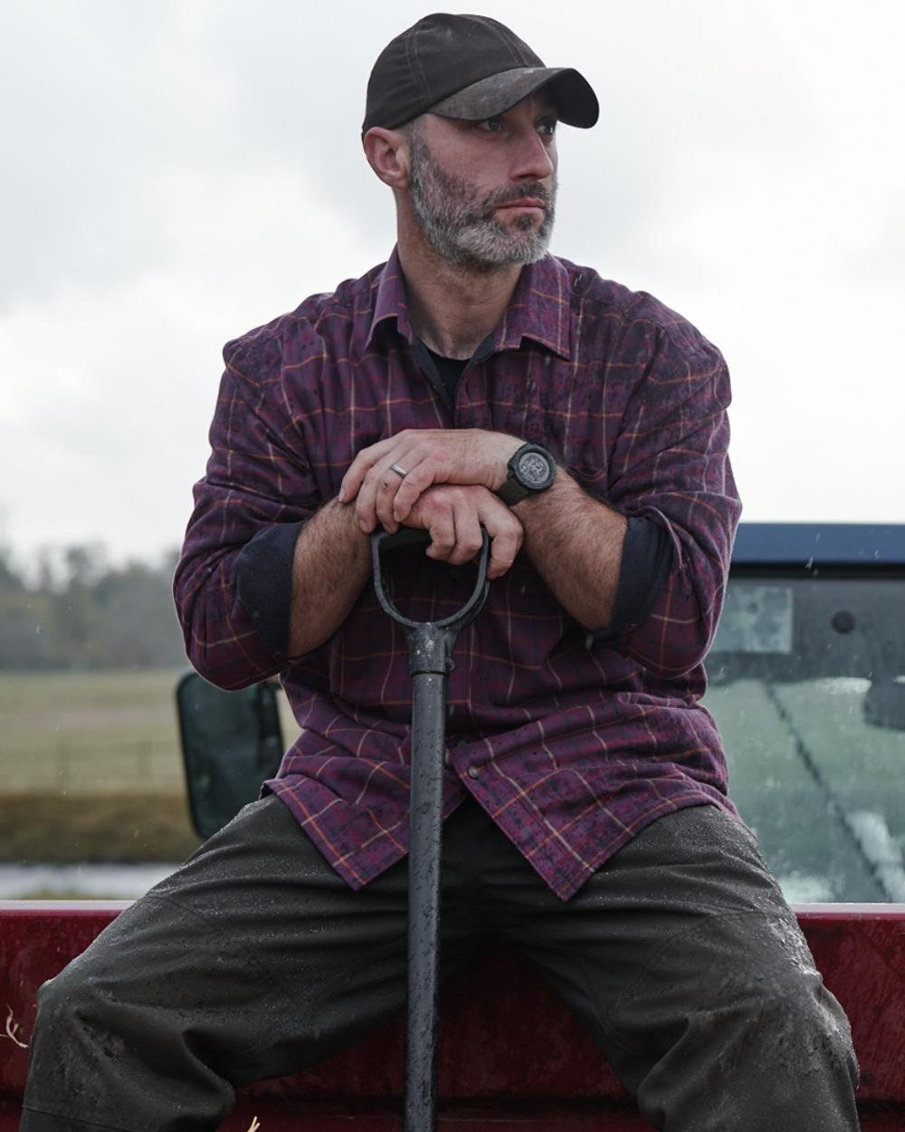 Bramble Wine Check Coloured Hoggs of Fife Micro Fleece Lined Shirt on countryside background 