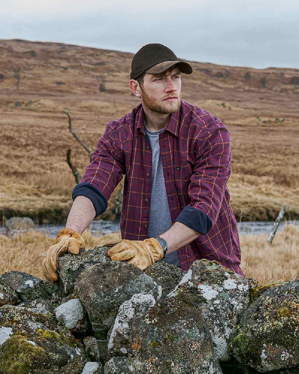 Bramble Wine Check Coloured Hoggs of Fife Micro Fleece Lined Shirt on mountain background 