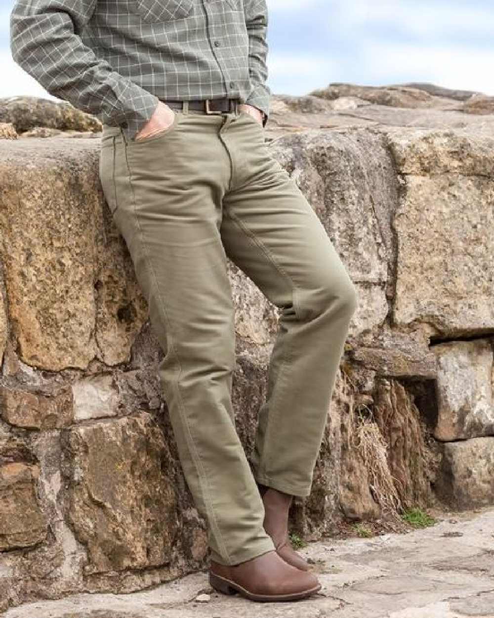 Lovat Coloured Hoggs of Fife Monarch II Moleskin Jeans on wall background 