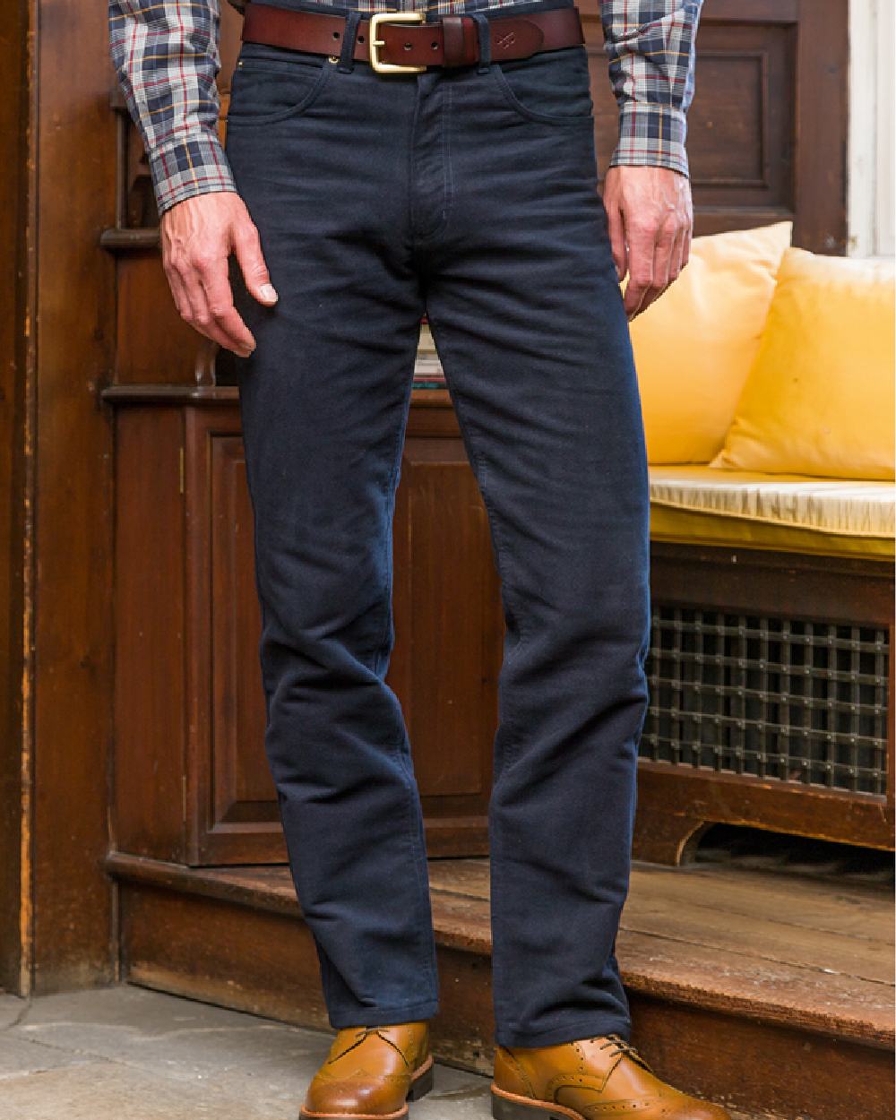 Navy Coloured Hoggs of Fife Monarch II Moleskin Jeans on room background 
