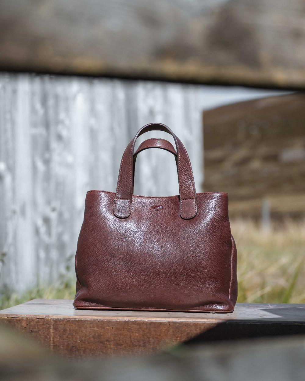 Conker Coloured Hoggs of Fife Monarch Leather Handbag on outdoor background 