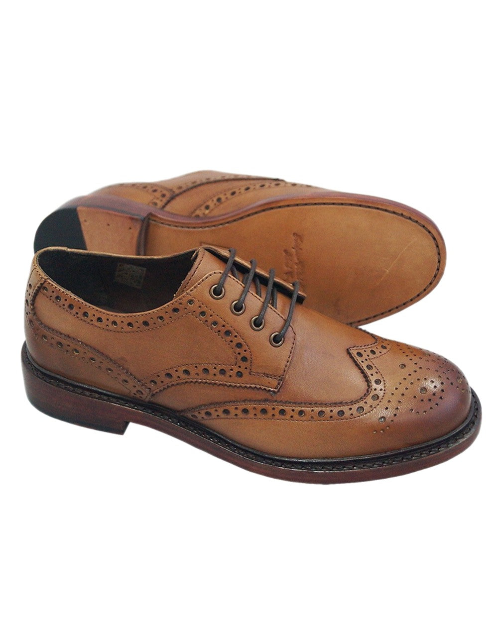 Burnished Tan Coloured Hoggs of Fife Muirfield All Leather Brogue Shoes on white background 