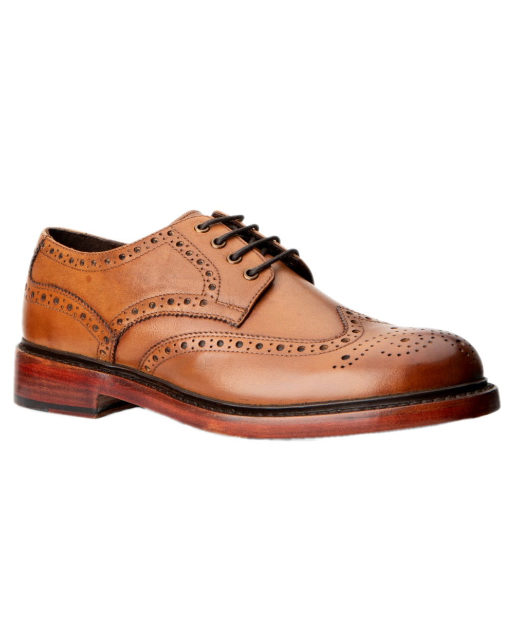 Burnished Tan Coloured Hoggs of Fife Muirfield Brogue Shoe Rubber Soles on white background 