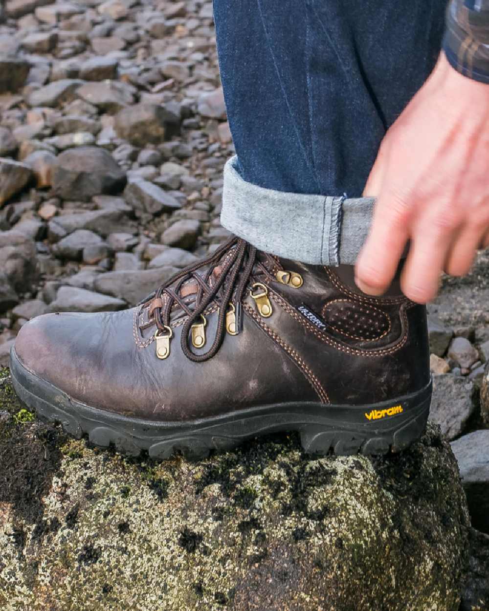 Brown Coloured Hoggs of Fife Munro Classic Leather Hiking Boots on coastal background 