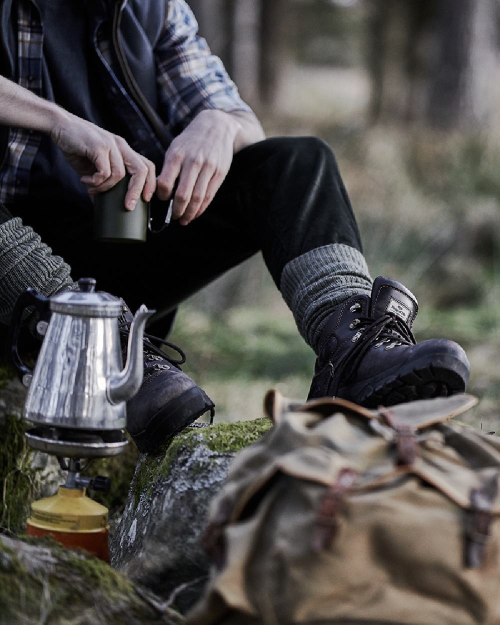 Brown Coloured Hoggs of Fife Munro Classic Leather Hiking Boots on forest background 