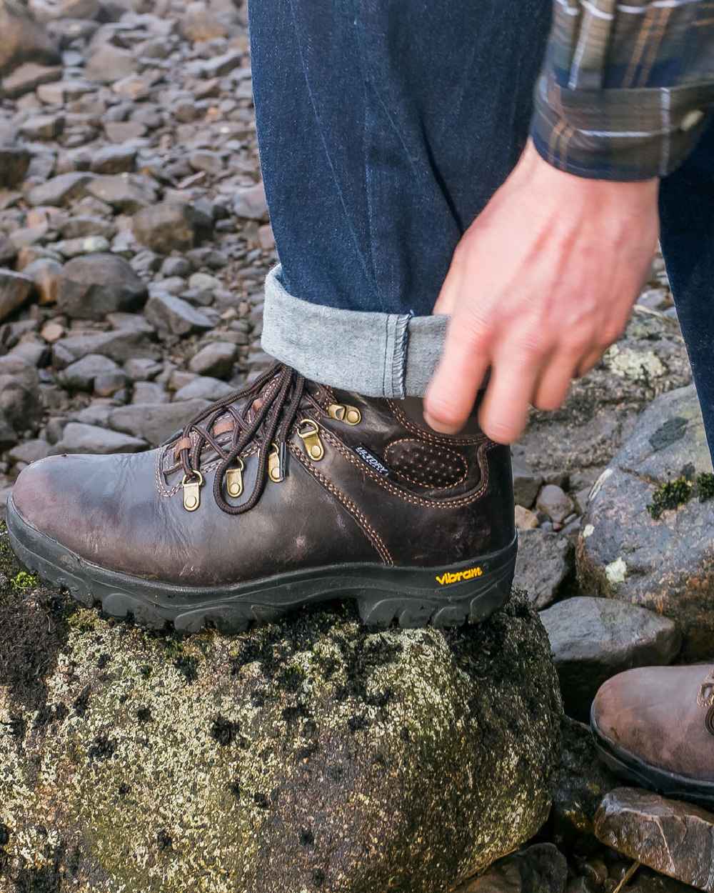 Brown Coloured Hoggs of Fife Munro Classic Leather Hiking Boots on coastal background 