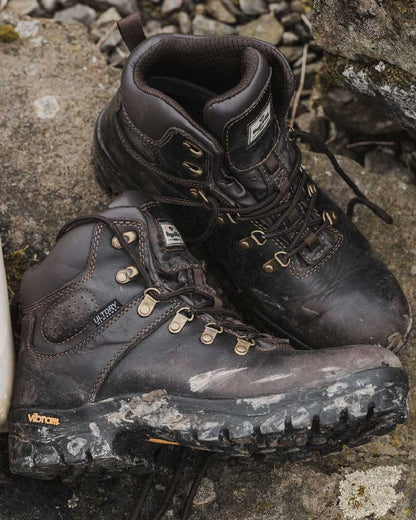 Brown Coloured Hoggs of Fife Munro Classic Leather Hiking Boots on coastal background 