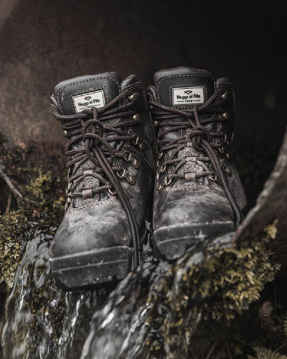 Brown Coloured Hoggs of Fife Munro Classic Leather Hiking Boots on coastal background 