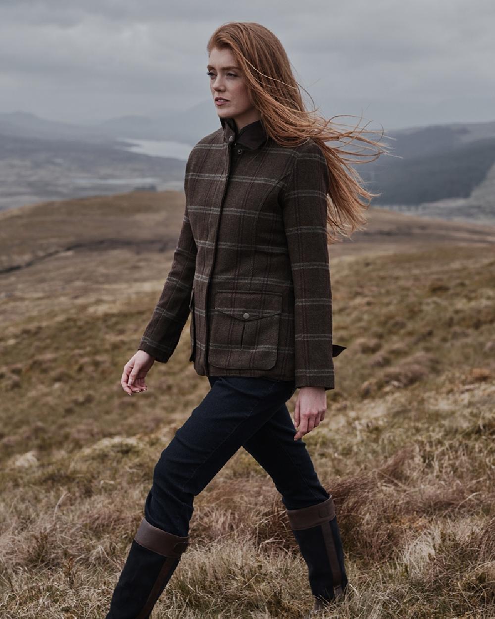 Bracken Tweed Coloured Hoggs of Fife Musselburgh Tweed Field Coat on mountain background 