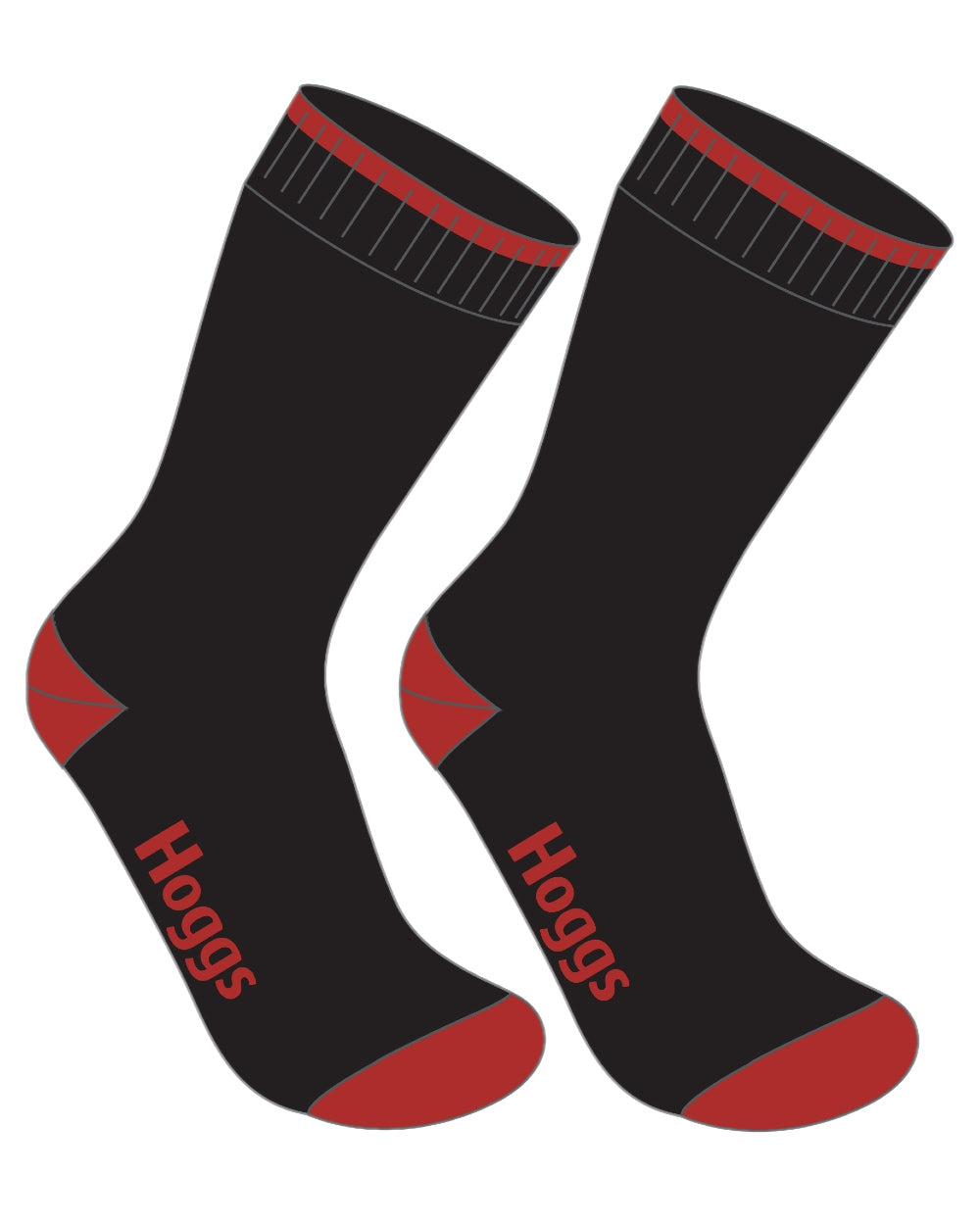 Black Red Coloured Hoggs of Fife Performance Thermal Work Socks Twin Pack on white background 