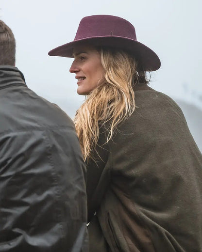 Merlot Coloured Hoggs of Fife Perth Crushable Felt Hat on fog background 