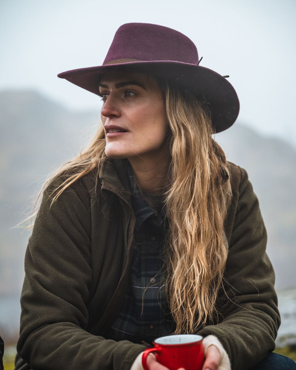 Merlot Coloured Hoggs of Fife Perth Crushable Felt Hat on fog background 